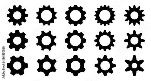 Black gear wheels set. Collection of mechanical cogwheel silhouettes, industrial machine parts vector icons.
