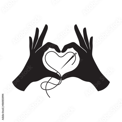 Hands forming heart shape with sewing needle and thread inside