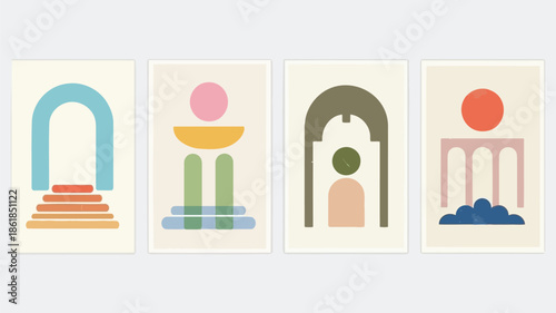 Vibrant abstract art prints with geometric shapes and arches for modern decor