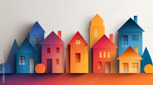 Colorful paper cutout houses in a row, casting shadows, with a gradient background, for housing concepts