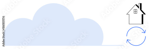 Cloud storage, data backup, digital synchronization, remote access, smart home technology, IT solutions. Cloud with house icon and arrows. Cloud storage and data backup concept