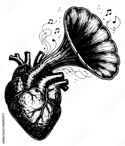 Hand drawn illustration of an anatomical heart merged with a gramophone horn depicting the love for music for creative and emotional themes