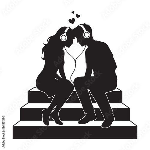 Loving couple sharing headphones on stairs with heart symbols