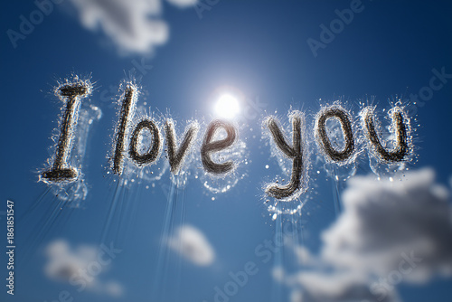 I Love You Sky Message. Text 'I love you' in sky with clouds and sun. Perfect for romantic themes and Valentine's greeting cards.