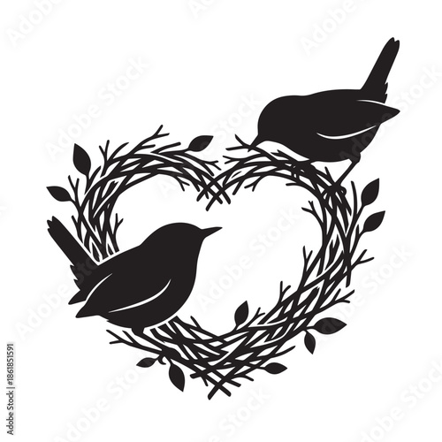 Romantic bird silhouettes on heart shaped wreath with leaves