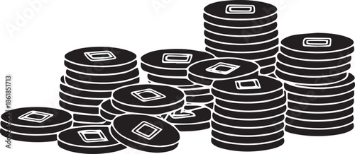 Ancient Chinese coins stacked in a pile from a top viewpoint