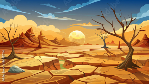 Desert landscape with cracked dry ground under harsh sun