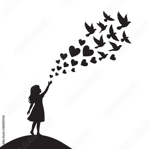 Little girl releasing hearts and birds into the air freely