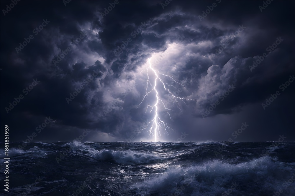 Fototapeta premium Powerful lightning bolt strikes the dark, turbulent ocean during a dramatic nighttime thunderstorm.