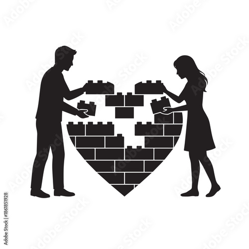 Couple building heart shaped puzzle together in harmony