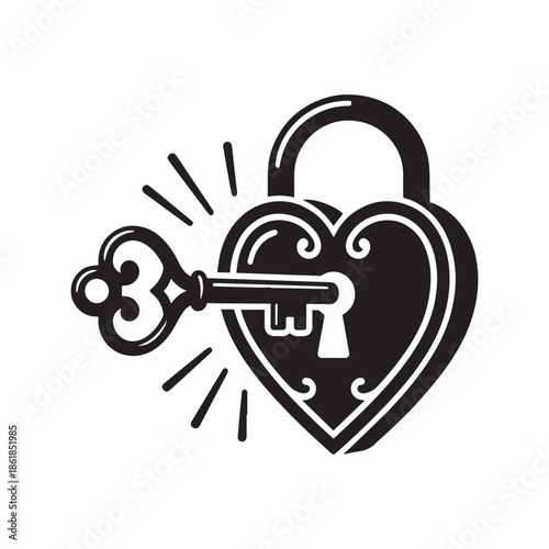 Heart shaped lock with key unlocking love and security