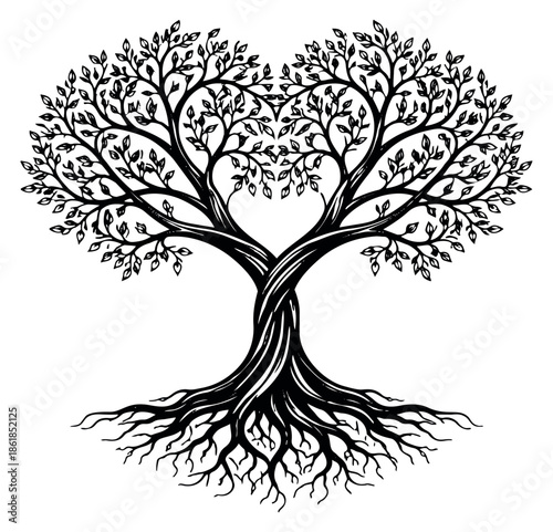 Stylized hand drawn illustration of a tree of life depicting intertwined roots and heart-shaped foliage for nature and family symbolism