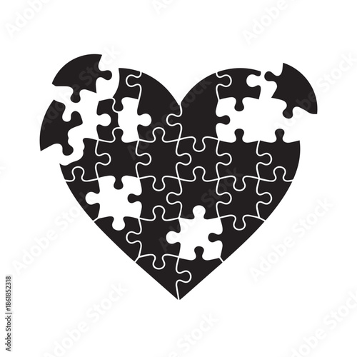 Black heart shaped puzzle pieces coming together perfectly