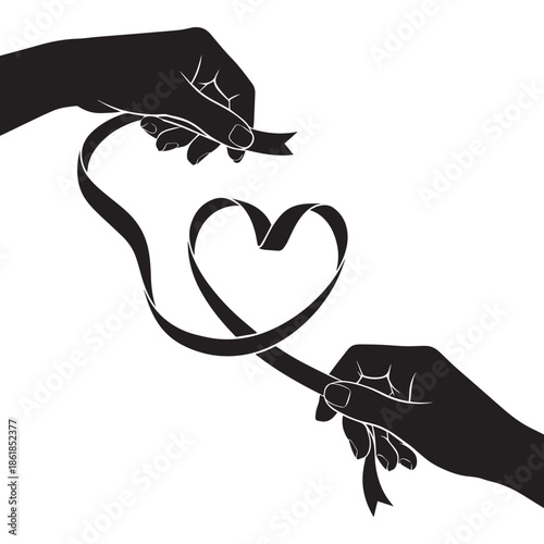 Two hands forming a heart with a ribbon