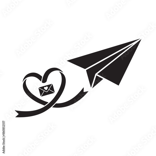Stylish paper airplane with heart and love letter in flight