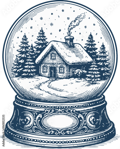 Hand drawn illustration of a snow globe depicting a winter cabin scene for Christmas holidays