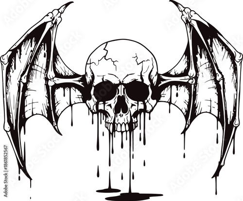Bloody skull with bat wings illustration