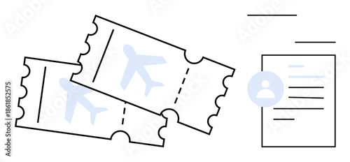 Air travel, transportation, booking, tourism, verification, identity. Includes two airplane tickets and a document with personal ID details. Air travel and transportation concept for tickets