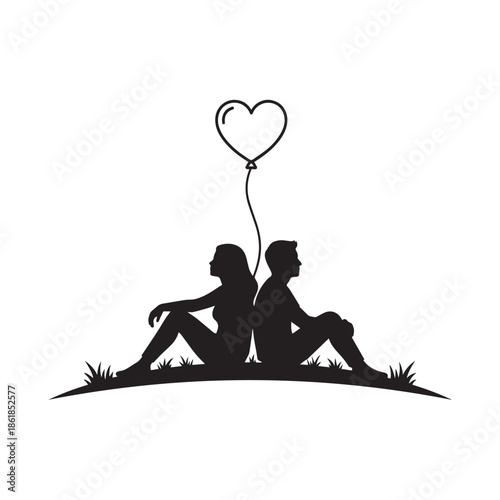 Loving couple sitting together with heart shaped balloon