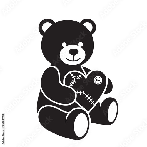 Cuddly teddy bear holding stitched heart with love and care