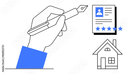 Hand holding pen near personal profile document and star rating, alongside a house icon. Ideal for real estate, personal branding, contracts, profiles, property evaluation, reviews, digital identity