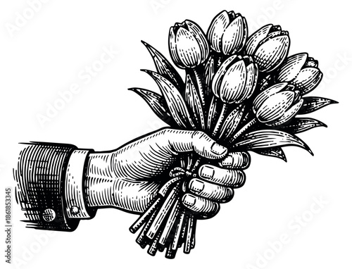 Vintage line art illustration of a hand holding a bouquet of tulips depicting a loving gesture for romantic and celebratory moments