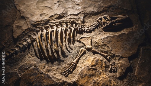 Fossilized Dinosaur Skeleton Embedded in Rock Formation