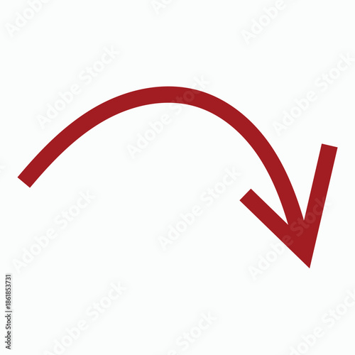 Red Downward Arrow with Curved Line on White Background