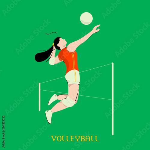 A flat vector illustration of a female volleyball player in an orange and white uniform jumping to spike the ball over a net against a green background with text.