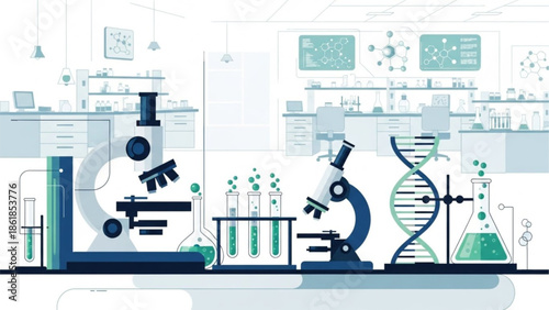 Modern Scientific Laboratory Illustration Depicting Advanced Research and Discovery in Biology and Chemistry, Featuring Microscopes, Test Tubes, and DNA Structures in a Clean, Innovative Setting