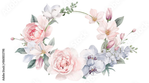 Soft Watercolor Floral Wreath Featuring Pink Peonies, White Orchids, and Delicate Green Leaves