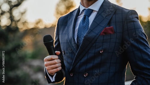 Man in Suit Holding Microphone Outdoors at Sunset