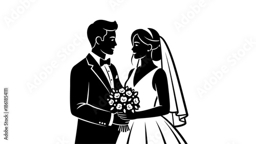 A black and white illustration of a bride and groom on their wedding day