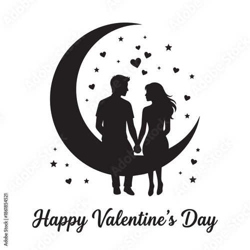 Romantic couple silhouette on crescent moon with hearts and stars