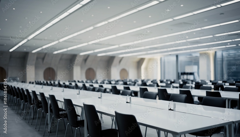 Obraz premium Spacious Conference Hall with Rows of Tables and Chairs