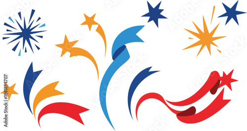 Colorful abstract fireworks and celebratory bursts with stars and ribbons on a white background, perfect for festive designs.