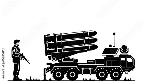 A soldier stands guard beside a military missile launcher vehicle on a grassy field