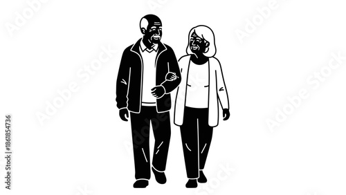 An elderly couple walks together in a simple black and white illustration