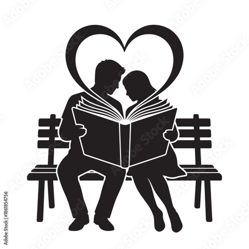 Loving couple reading together on a romantic park bench
