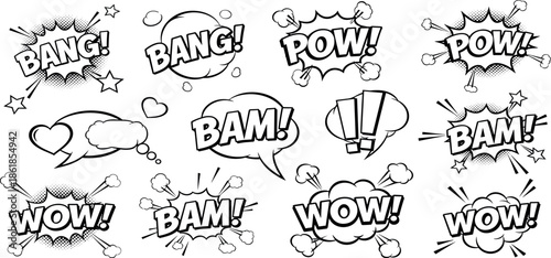 Collection of comic book speech bubbles and sound effects on a white background, illustrated in black and white, showcasing various expressions and emotions.