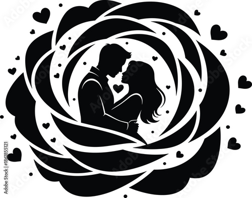 Romantic couple silhouette inside heart shaped rose with floating hearts symbolizing love romance wedding valentine illustration design concept artwork