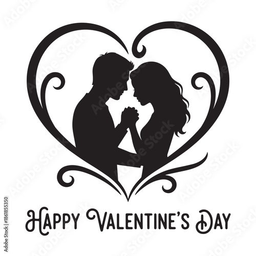 Romantic couple silhouette in heart shape for Valentine's Day