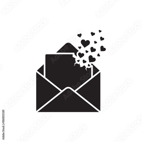Black envelope with hearts coming out, symbolizing love letters