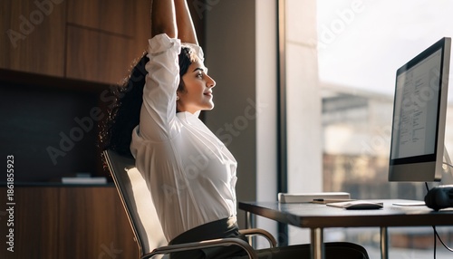 Young Woman Stretching Arms Up While Sitting at Office Desk