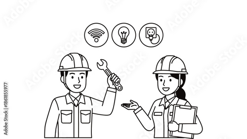 Two engineers in hard hats discussing a project with technology icons above them