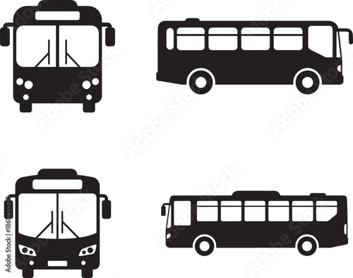 Four black silhouettes of buses on a white background