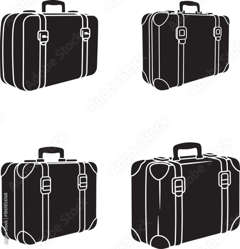 Four black suitcases with handles and latches in different orientations