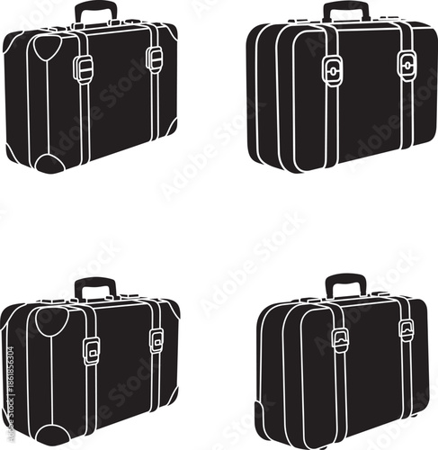 Four black suitcases with handles and zippers on a white background