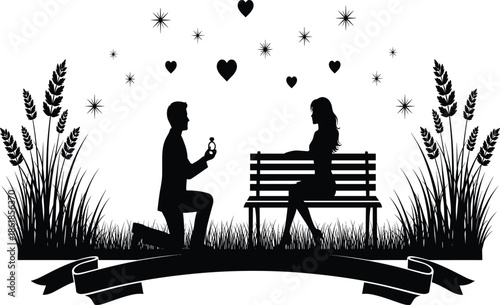 Romantic marriage proposal silhouette on park bench with kneeling man offering ring hearts stars nature scene illustration design