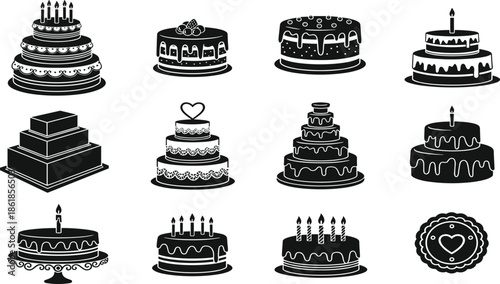 Wedding and celebration cake silhouette collection featuring layered birthday cakes candles and heart decorations for bakery design illustration use